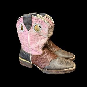 Semental Girls Western Boots Leather Brown /Pink Square Toe Sz 12